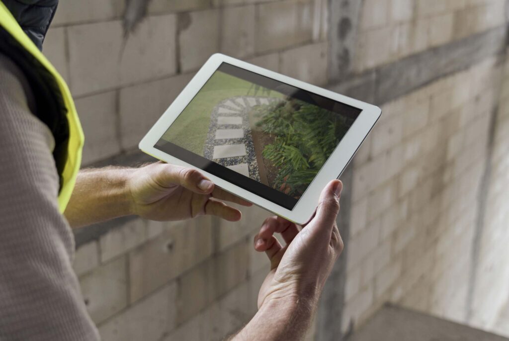 Man on construction site holds ipad with video showing testimonial vision